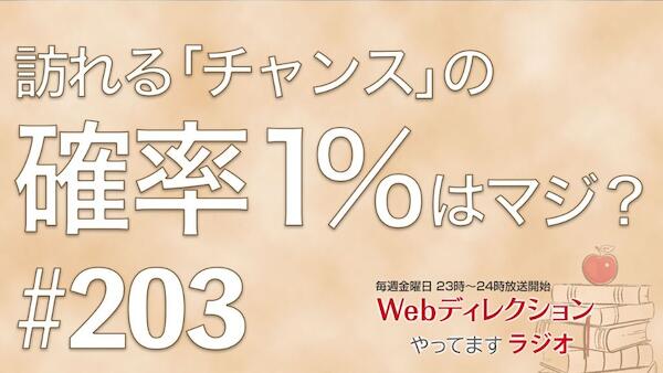 Webディレクションやってますラジオ#203「進捗管理はどんな風にすればいい？」「チャンスの確率1％ってホントですか？」「入場料がいる本屋さん？！」